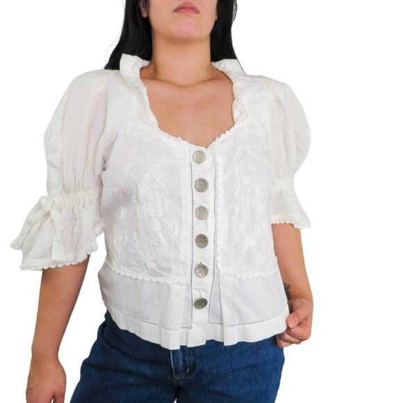 Umberto Tops - Vintage Umberto Ginocchoetti Victorian White Puff Sleeve Blouse Silver Buttons
